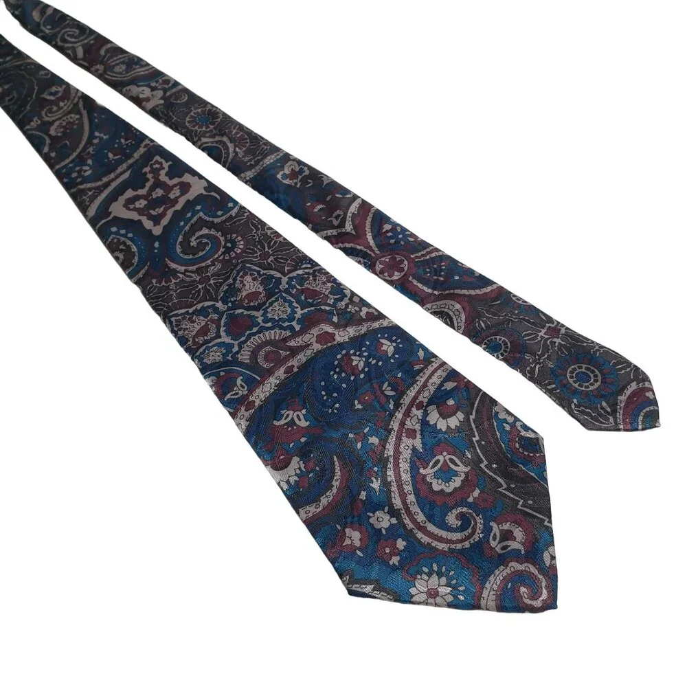 Manhattan Vintage Designer Floral Blue Maroon Silver Work Office Necktie Tie - Picture 1 of 5